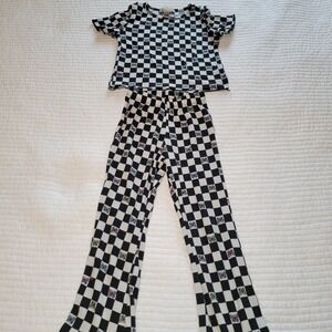 Dream Girl Kids Checkered Butterfly Ribbed 2-Piece Set Flare PJs Top Size 5/6